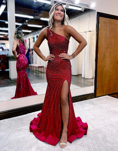 Long One Shoulder Beading Red Prom Dress