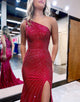 One Shoulder Beading Red Prom Dress