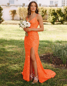 Sequin Orange Prom Dress with Split