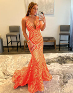Deep V-neck Sequin Mermaid Orange Prom Dress
