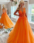 A-Line Deep V-neck Tulle Orange Prom Dance Dress