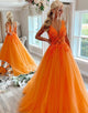 A-Line Deep V-neck Tulle Orange Prom Dance Dress