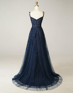 A-line Navy Tulle Prom Dress with Appliques