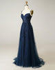 A-line Navy Tulle Appliques Prom Dress with Split