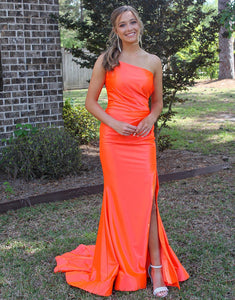 Orange One Shoulder Prom Dress with Split