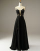 A-line Black Split Long Prom Dress with Appliques Beading