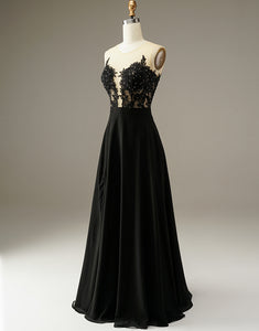 A-line Black Split Long Prom Dress with Appliques Beading