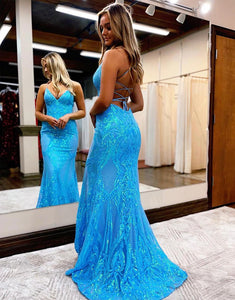 blue mermaid long prom dress