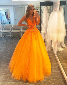A-Line Deep V-neck Tulle Orange Prom Dance Dress