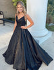 Sevy Glitter Black V Neck Spaghetti Straps Long Prom Dress