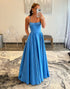 A-Line Simple Blue Spaghetti Straps Backless Prom Dress