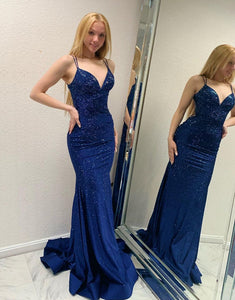 Mermaid Navy Spaghetti Straps Backless Prom Dress