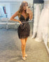 Glitter Black Spaghetti Straps Appliqued Homecoming Dress with Feathers