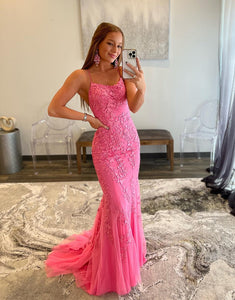 Mermaid Long Backless Pink Prom Dress