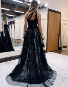 A-line Tulle Black Prom Dress with 3D Appliques