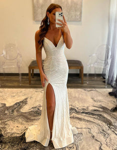White Long Beaded Prom Dress with Split