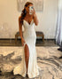 White Long Spaghetti Sheath Beaded Prom Dress with Slit