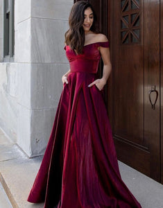 Burgundy A-Line Long Off the Shoulder Prom Dress