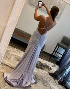 Lavender Mermaid Open Back Prom Dress