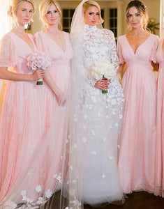 Pink Lace Bridesmaid Dress with Sleeves