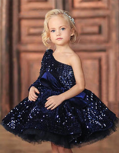 Navy Blue  Sequin Princess One Shoulder Girl Dress