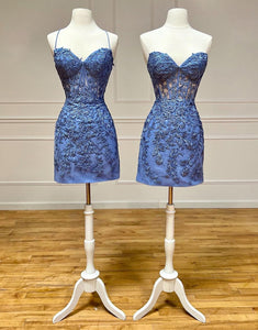 Blue Lace Mini Homecoming Dress