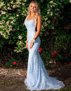 Mermaid Blue Long Backless Tight Prom Dress