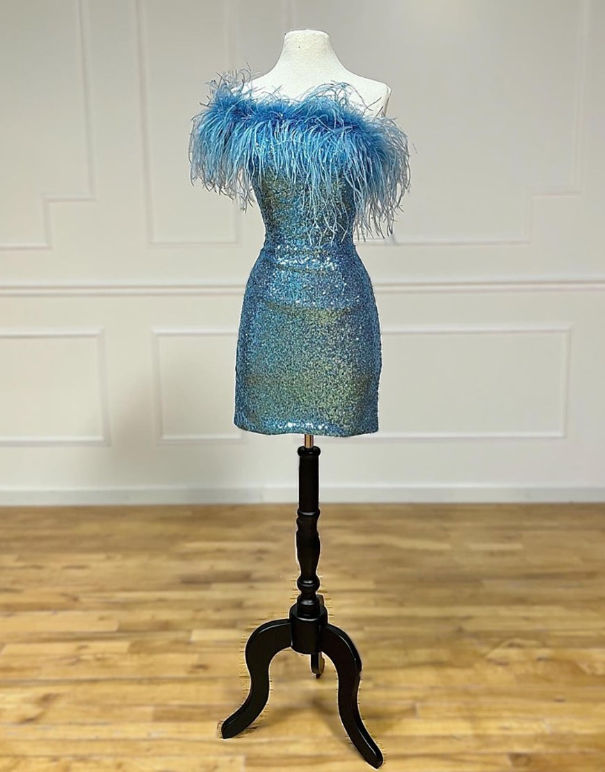 Dressself Blue Sequin Homecoming Dress with Feather Short Party Dresses Dressself Blue Sequin Homecoming Dress with Feather Short Party Dresses