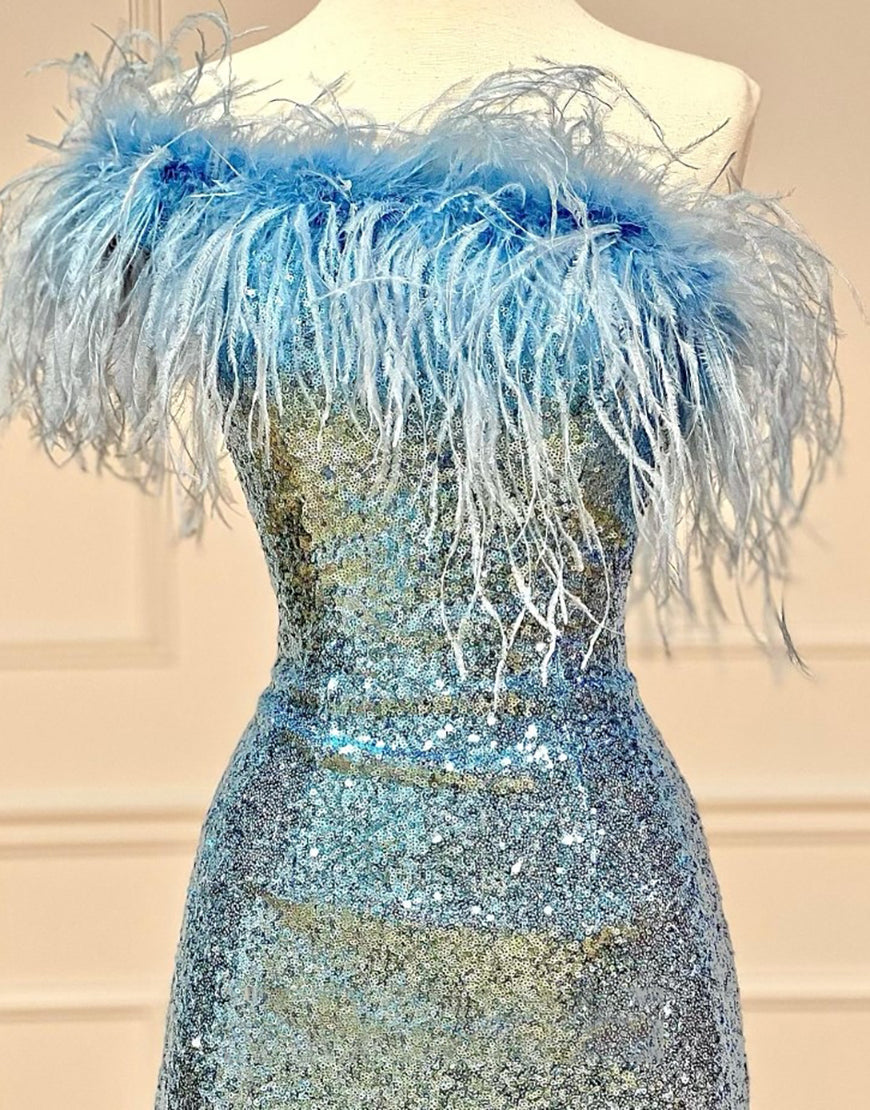 Dressself Blue Sequin Homecoming Dress with Feather Short Party Dresses Dressself Blue Sequin Homecoming Dress with Feather Short Party Dresses