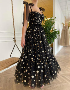Tulle Long Black Prom Dress with Stars