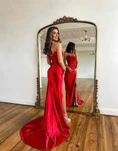Satin Long Red Split Strapless Prom Dress