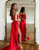 Satin Long Red Split Strapless Prom Dress