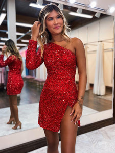 One Shoulder Red Sequins Homecoming Dress with Slit