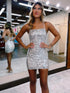 Silver Halter Sparkly Bodycon Homecoming Dress With Criss Cross Back