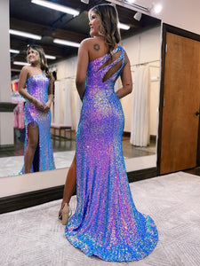 Purple Mermaid One Shoulder Sequin Prom Dress with Slit