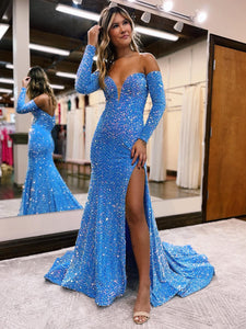 Mermaid Sweetheart Long Sleeves Sequin Prom Dress with Slit