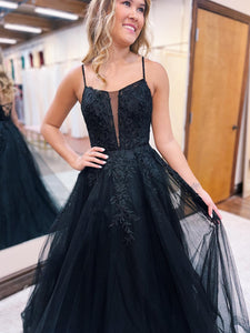Black Tulle Spaghetti Straps A Line Prom Dress with Appliques