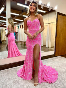 Mermaid Spaghetti Straps Hot Pink Prom Dress with Slit