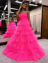Hot Pink Tulle Strapless Princess Long Prom Dress