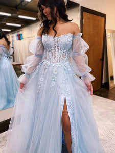 Light Blue Tulle Long Sleeves Long Prom Dress With Appliques