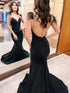 Black Spaghetti Straps V Neck Mermaid Prom Dress