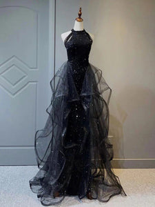 Black A Line Sparkly Halter Long Prom Dress