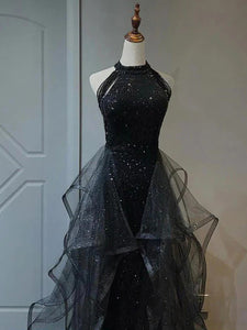 Black A Line Sparkly Halter Long Prom Dress