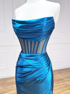 Royal Blue Mermaid Strapless Corset Long Prom Dress With Slit