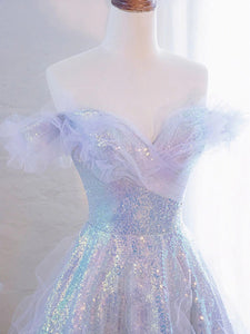 Light Blue A Line Sweetheart Sequin Long Prom Dress