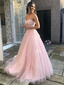 Light Pink Tulle Sweetheart Long Prom Dress With Appliques
