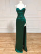 Dark Green Halter Corset Sheath Long Prom Dress With Slit