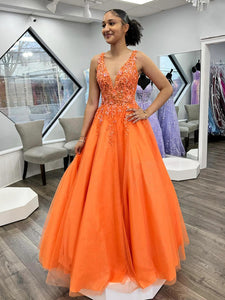 Orange Tulle V Neck Sparkly Long Prom Dress With Appliques