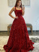Burgundy Sequin Sparkly A Line Long Prom Dress