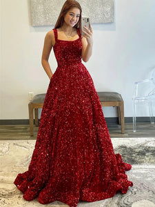 Burgundy Sequin Sparkly A Line Long Prom Dress
